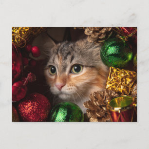Tarjeta postal de gato con corona de Navidad