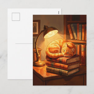 Tarjeta postal de gato de biblioteca acogedora - A