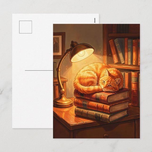 Tarjeta postal de gato de biblioteca acogedora - A (Anverso / Reverso)