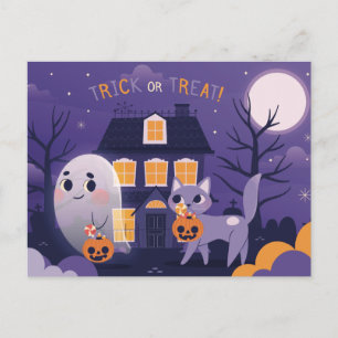 Tarjeta postal de gato de Halloween y fantasma lin