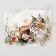 Tarjeta postal de gato en acuarela