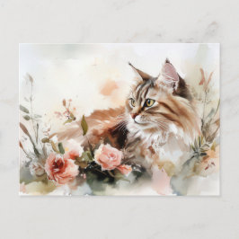 Tarjeta postal de gato en acuarela