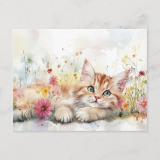 Tarjeta postal de gato en acuarela