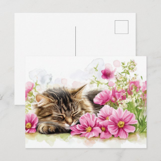 Tarjeta postal de gato en acuarela (Anverso / Reverso)