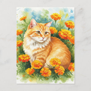 Tarjeta postal de gato ginger lindo con caléndula