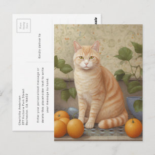 Tarjeta postal de gato naranja esponjoso en la coc