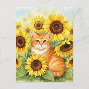 Tarjeta postal de gato naranja lindo en girasoles