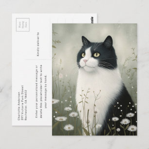 Tarjeta postal de gato negro y blanco elegante