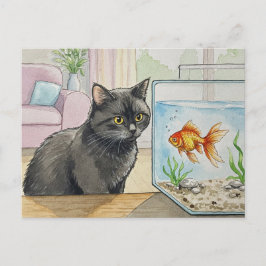 Tarjeta postal de gato negro y pez dorado
