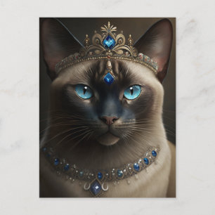 Tarjeta postal de gato siamés con corona y collar