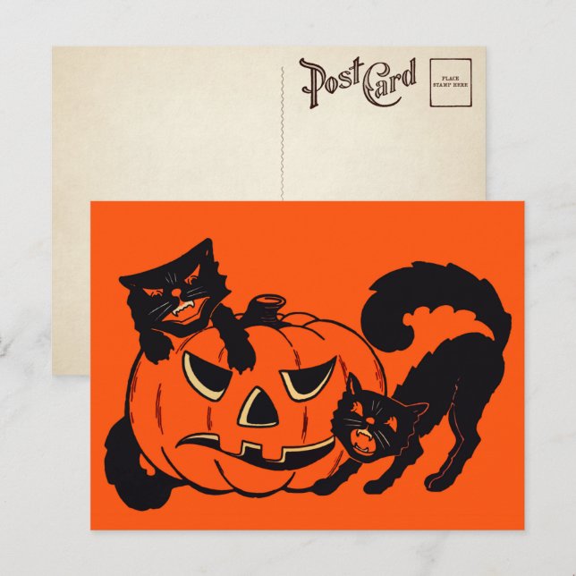 Tarjeta postal de gatos retro de Halloween (Anverso / Reverso)