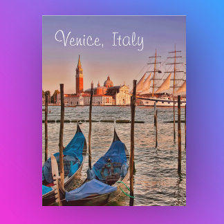 Tarjeta postal de góndolas y veleros de Venecia, I