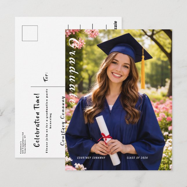 Tarjeta postal de graduación con tipografía modern (Anverso / Reverso)