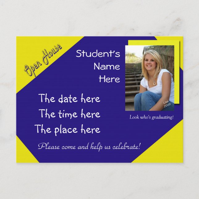 tarjeta postal de graduación de casa abierta azul  (Anverso)