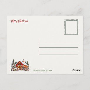 Tarjeta postal de granja nevada con cabra de Navid