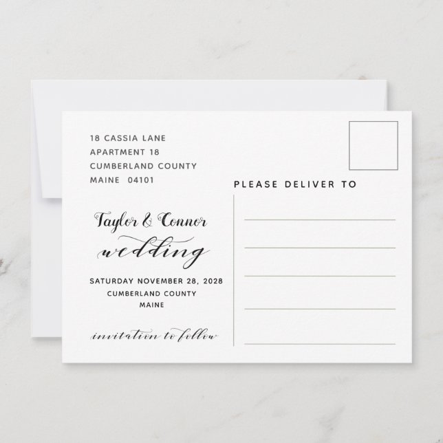 Tarjeta postal de guardar de boda de caligrafía rú (Reverso)
