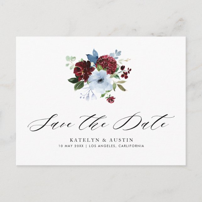 tarjeta postal de guardar la fecha floral azul pol (Anverso)