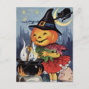 Tarjeta postal de Halloween calabaza bruja luna vi