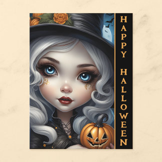 Tarjeta postal de Halloween con bruja y calabaza t