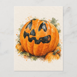 Tarjeta postal de Halloween con calabaza pintada a