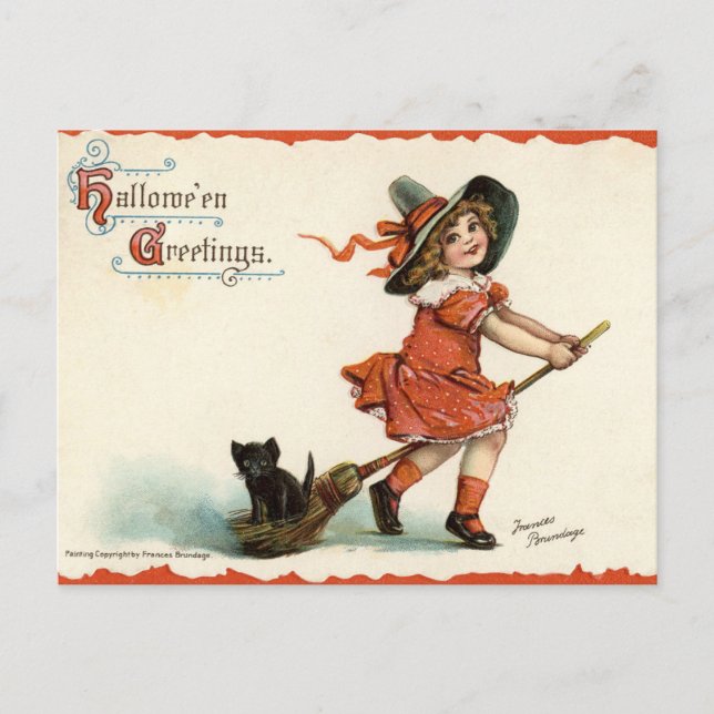 Tarjeta postal de Halloween de bruja vintage en es (Anverso)