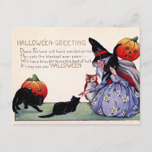 Tarjeta postal de Halloween de bruja vintage gato