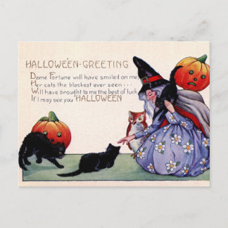 Tarjeta postal de Halloween de bruja vintage gato