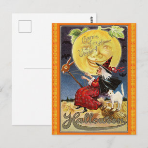 Tarjeta postal de Halloween de bruja voladora vint