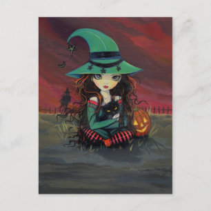 Tarjeta postal de Halloween de Brujita y Gato Negr
