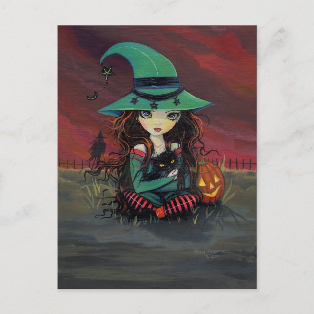 Tarjeta postal de Halloween de Brujita y Gato Negr (Anverso)