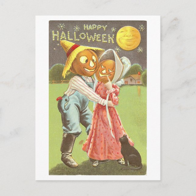 Tarjeta postal de Halloween de calabazas besándose (Anverso)