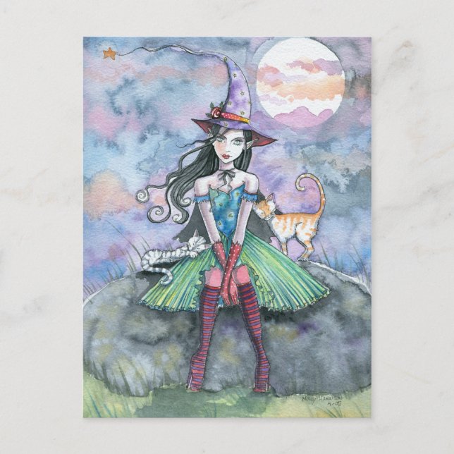 Tarjeta postal de Halloween de Gato Bruja 'Dulce y (Anverso)