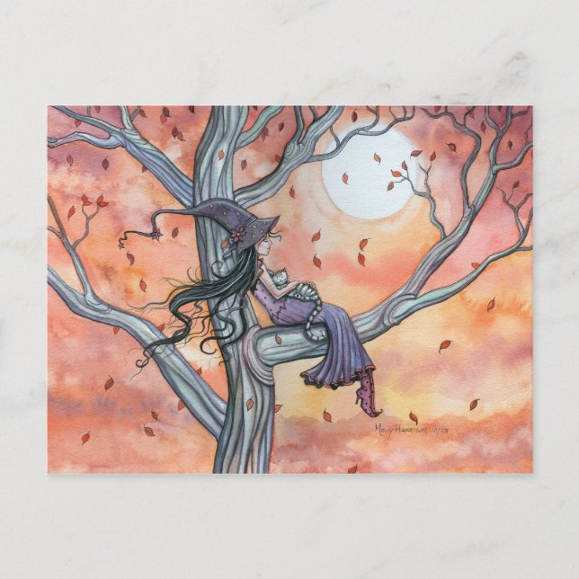 Tarjeta postal de Halloween de gato bruja por Moll (Anverso)