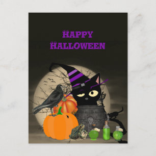 Tarjeta postal de Halloween de gato negro mágico p