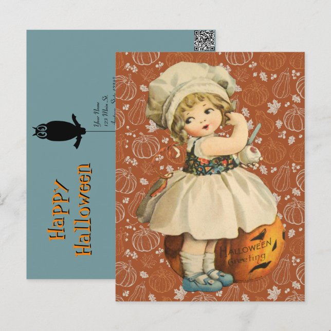 Tarjeta postal de Halloween de niña tallando manza (Anverso / Reverso)