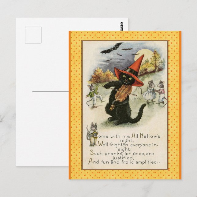 Tarjeta postal de Halloween de violín de gato negr (Anverso / Reverso)