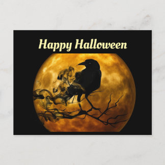 Tarjeta postal de Halloween del cuervo y la luna