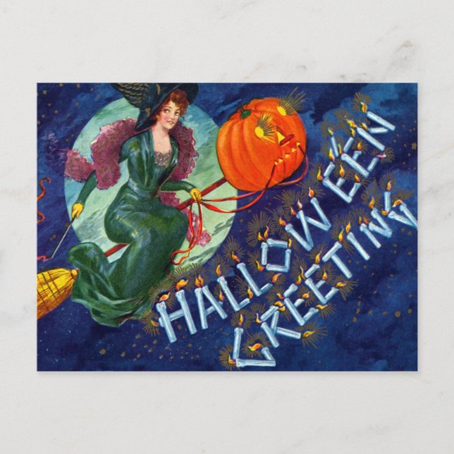 Tarjeta postal de Halloween para brujas voladoras (Anverso)