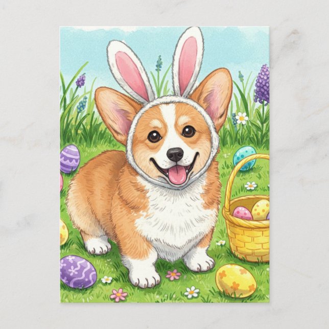 Tarjeta postal de huevos de Pascua de Corgi lindo (Anverso)