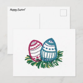 Tarjeta postal de huevos de Pascua rosados y azule