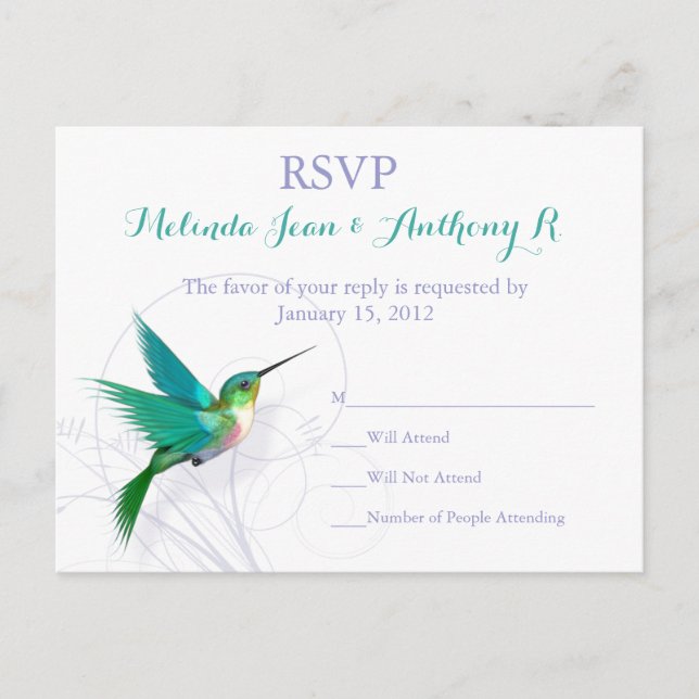 Tarjeta postal de Hummingbird Swirl RSVP (Anverso)