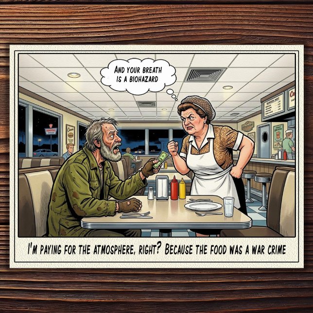 Tarjeta postal de humor de restaurante vida de cam (Subido por el creador)