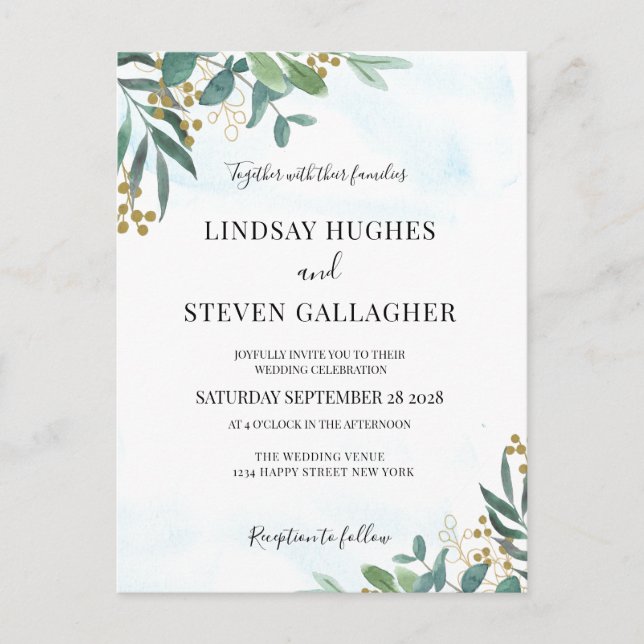 Tarjeta postal de invitación a bodas de eucalipto  (Anverso)