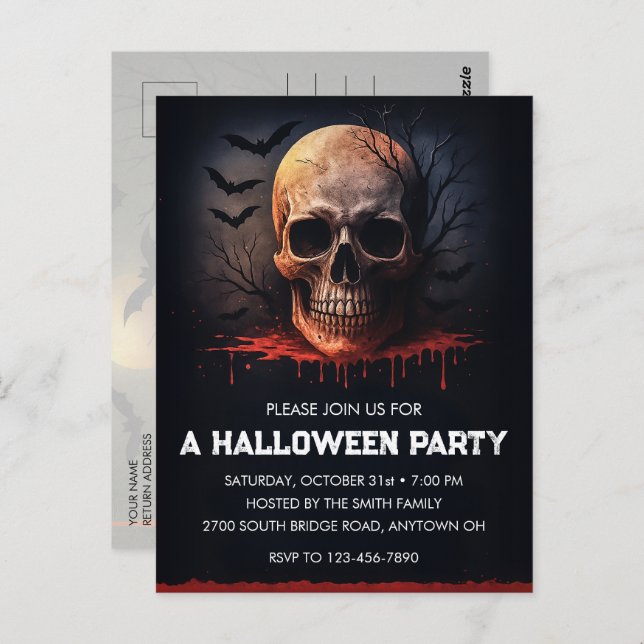 Tarjeta postal de invitación a fiesta de Halloween (Anverso / Reverso)