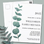 Tarjeta postal de invitación a la reunión de la fa<br><div class="desc">Reúne a su familia para su Reunión Familiar con esta elegante postal de invitación. Cuenta con un único eucalipto de color agua. Porque creamos nuestra propia obra de arte no encontrarás esta imagen exacta de otros diseñadores. Acuarela original © Michele Davies.</div>