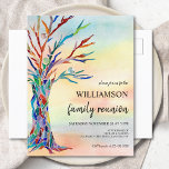 Tarjeta postal de invitación a reunión de familia<br><div class="desc">Postal de invitación a la Reunión de Familia de Árboles Familiares. Invite a su familia a su Reunión Familiar con esta elegante invitación. Presenta un árbol familiar con los colores del arco iris sobre un fondo acuático. Personalizar con su apellido y sus datos. Este diseño único es la impresión de...</div>