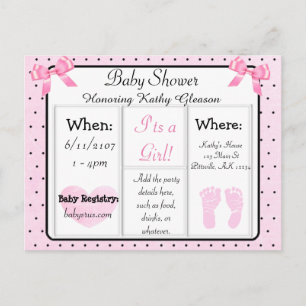 Tarjeta postal de invitación Baby Shower rosa y ne