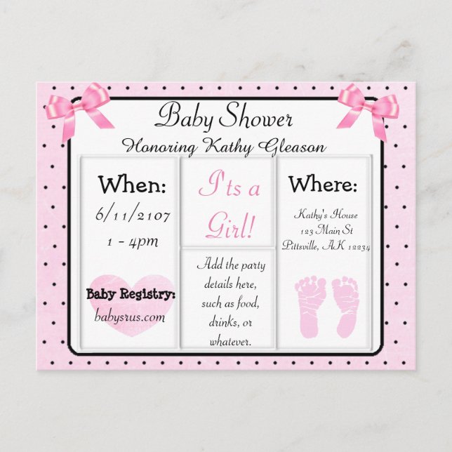 Tarjeta postal de invitación Baby Shower rosa y ne (Anverso)