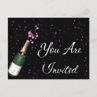 Tarjeta postal de invitación con confeti y botella