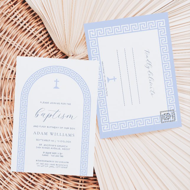 Tarjeta postal de invitación de bautizo azul blanc (Baptism Invitation Postcard Greek Key White Blue )